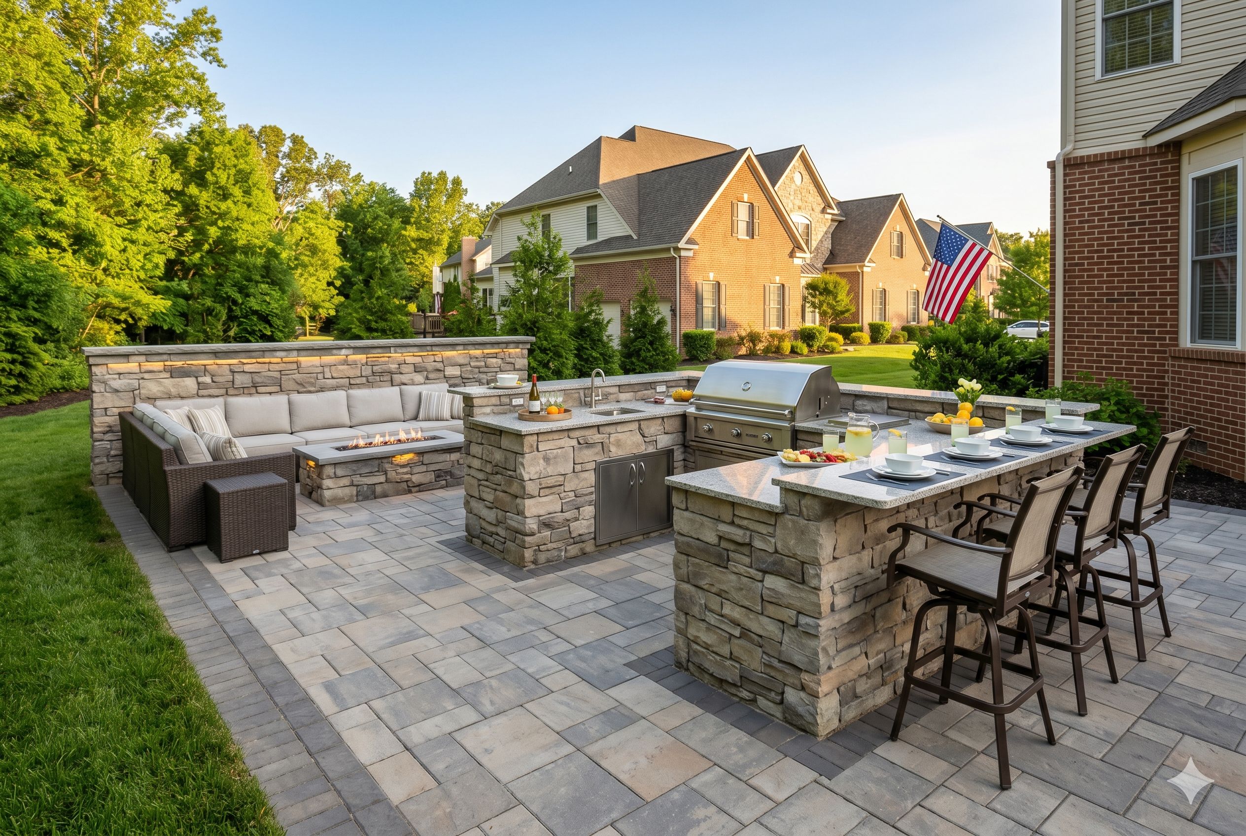 BBQ patio design, Memorial Day party ideas, hardscape hosting, outdoor kitchen installation.